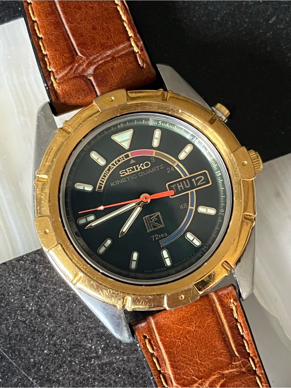 Seiko Kinetic Men’s Indicator Watch 5M23-6A89 New Capacitor Very Good Condition